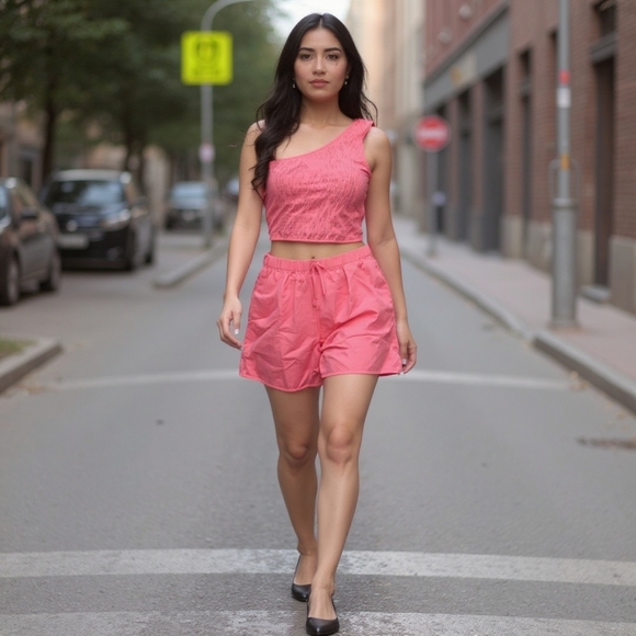 PrettyGarden 2 Piece Set One Shoulder Crop Top And Shorts Size Large - Picture 1 of 8